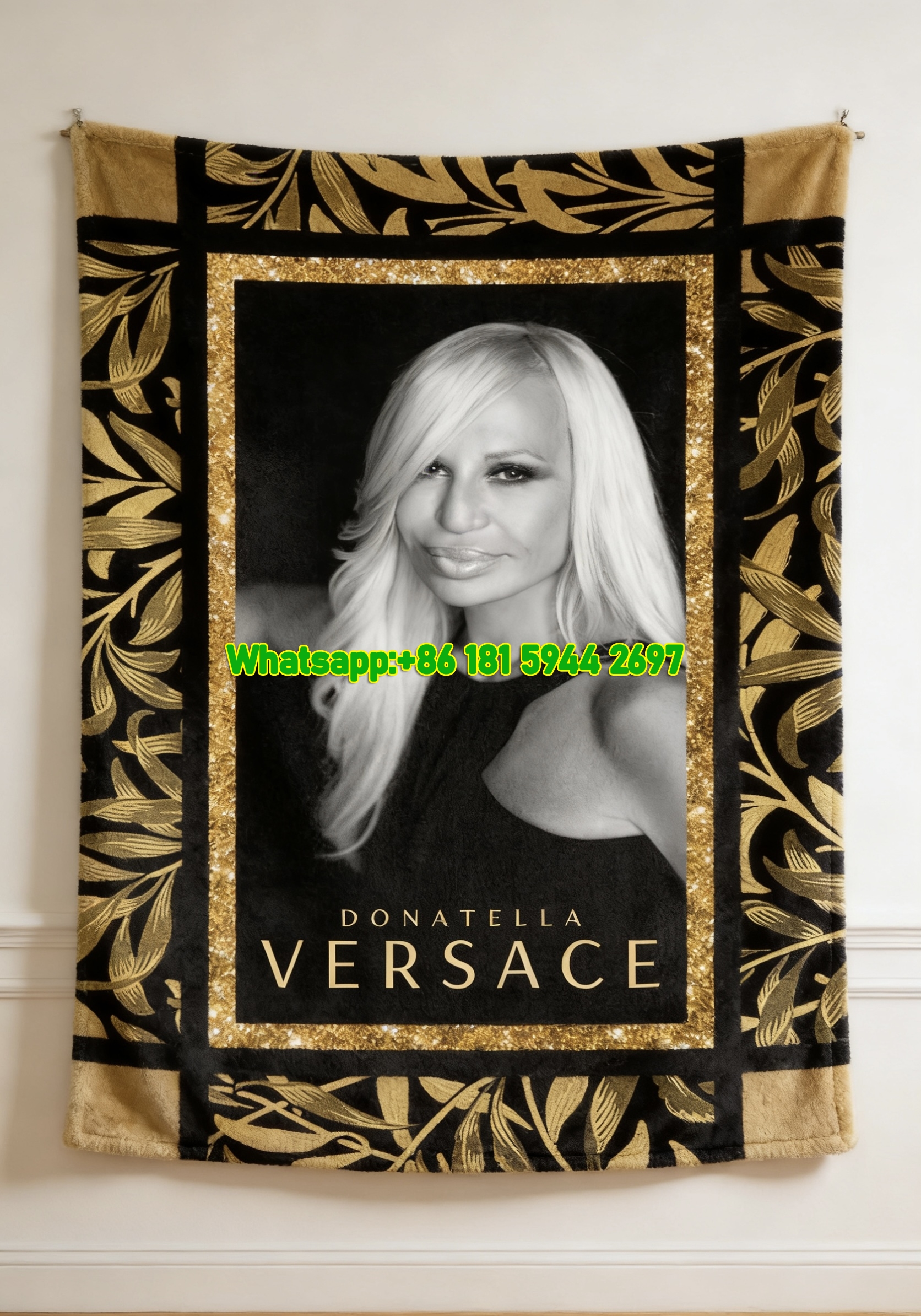 Donatella Versace Black and Gold Glitter Print Flannel Throw Blanket IMG_1523